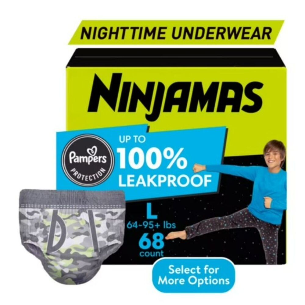 Ninjamas Boys Bedwetting Nighttime Underwear Size L (64-95+ lbs) 68 ct diapers